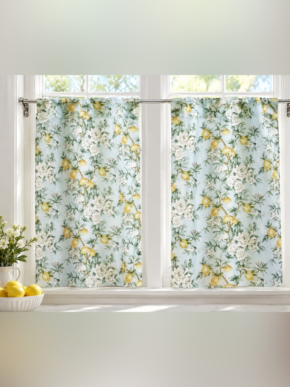 Morgan Luxury Floral Lemon Floral Print Cafe Curtains Light Blue, White Yellow